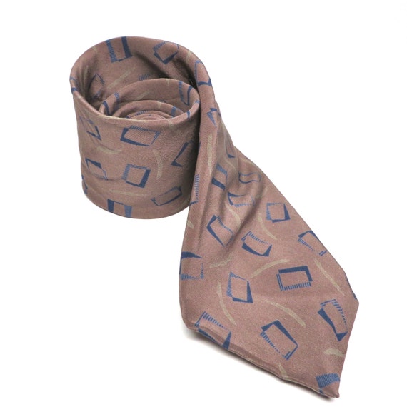 Vintage Necktie Taupe Blue Geometric Silk 1980s Tie