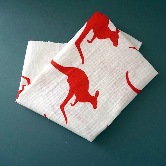 Vintage Kangaroo Tea Towel Red Printed White Linen Designed in Australia By Heil Printed In Poland Unused Original Label Royal National Park