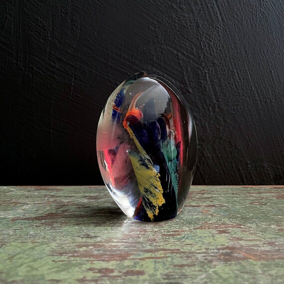 Vintage Glass Paperweight Multicolor Blown Glass Paper Weight Art Glass Oblong Egg Shaped Rainbow Swirls Bubbles Inside Clear Glass Abstract