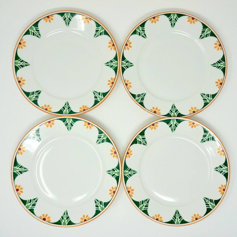 Antique Limoges France Superieur Plates Set of 4 Rare 1910s Arts and Crafts Motif Green Yellow Daisy on White Porcelain Dessert Plates