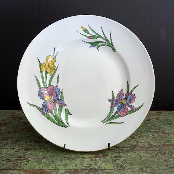 Vintage Iris Plate Staffordshire Fine Bone China Made in England Iris Pattern Dish White Blue Pink Yellow Irises Floral 9" Dinner Plate