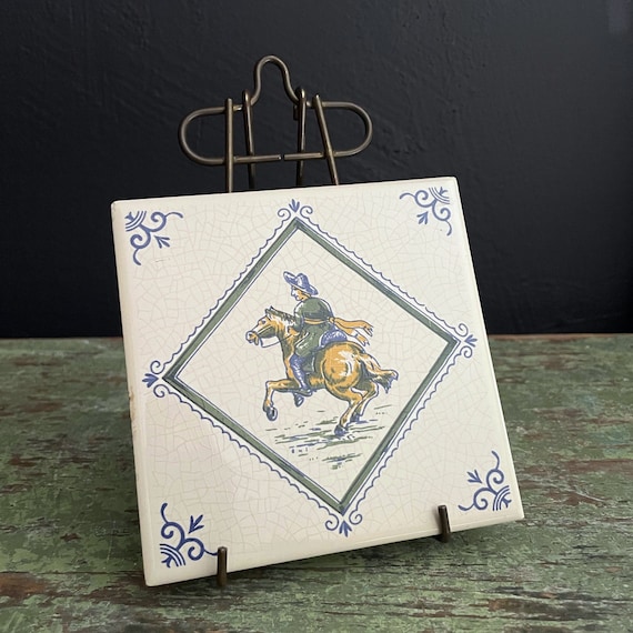 Vintage Tile German Mettlach Villeroy & Boch Ceramic Tile Man Riding Horse Hand Painted Yellow Blue White Tile Crazing Made In Germany Saar