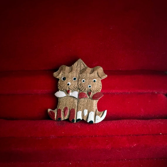 Vintage Dogs Brooch Wooden Pair of Pups Painted R… - image 2