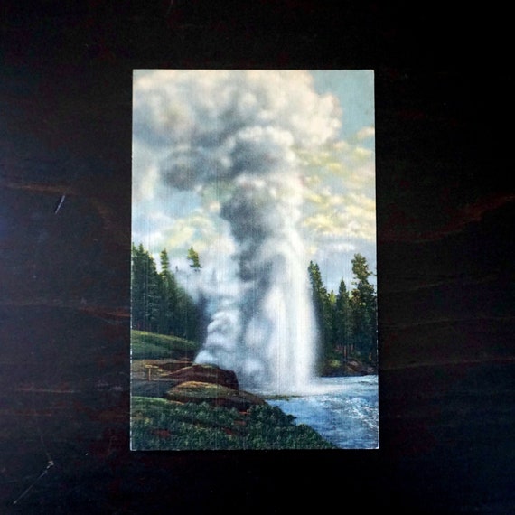 Vintage Postcard Yellowstone National Park Riverside Geyser Erupting Photo 1940s Genuine Curteich-Chicago C.T. Art Colortone Post Card 955