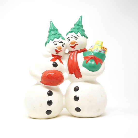 Vintage Angry Snowmen Ceramic Figurine Christmas Tree Hats Snow Man Snow Woman Couple Hand Painted Snow Man Pair Christmas Pottery Figurine