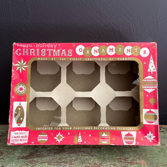 Vtg Ornament Empty Box for Christmas Balls Holds Six 8" Ball Ornaments 1950s Tree Trim Packaging Original Retro Graphics Balls Not Included