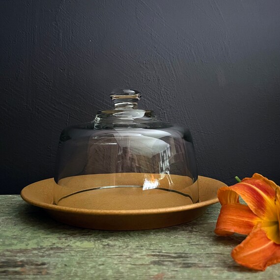 Vintage Cheese Plate Bennington Potter's Tawny Gold Stoneware Plate w/ Cloche Glass Dome Serving Dish Covered Server Bennington VT Pottery