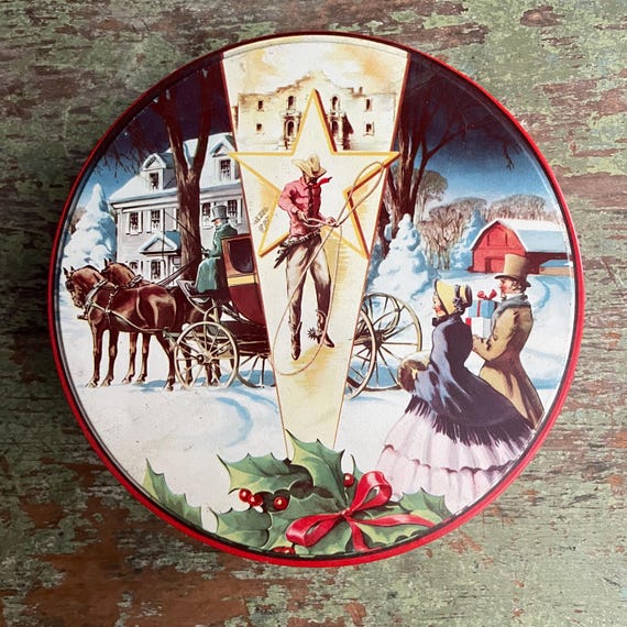 Vintage DeLuxe Fruit Cake Fruitcake Tin Western Christmas Collin Street Bakery Corsicana Texas Winter Collectible Victorian Scene and Cowboy