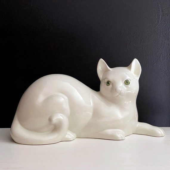 Vintage Cat Large Ceramic White Kitty Green Eyes Life Sized Kitten 14" Pottery Elca Alcobaca Style Pottery No Maker's Marks Cat Lover Gift