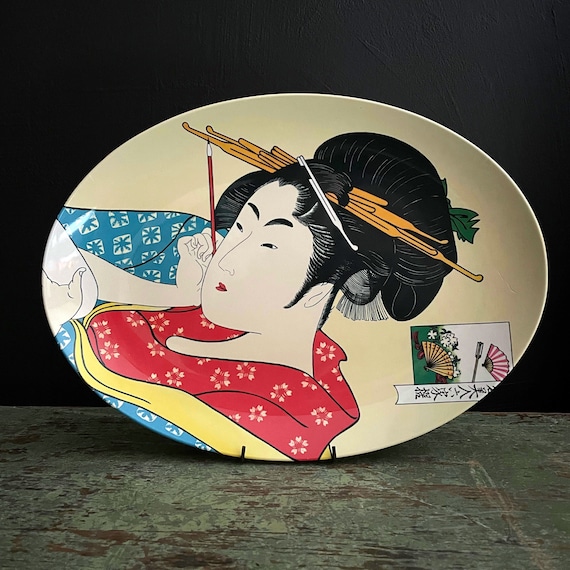 Vintage Utamaro Print Plate Noritake Melamine Platter Oval Shape Dinnerware 70s Rare Pattern Hanaogi of the Ogiya by Kitagawa Utamaro Japan