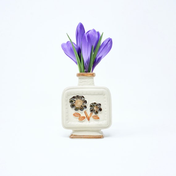 Vintage Bud Vase Stoneware Brown Daisies Square Vase Mid Century Pottery Single Stem Vase Earthtones Pottery Tiny Vase 1960s Earthenware