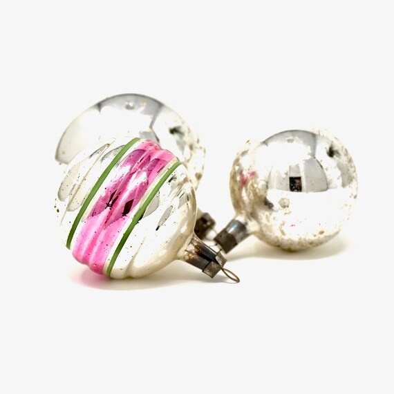 Vintage Ornaments Silver Christmas Balls Poland Set of 3 Silvered Mercury Glass Look and Ribbed Silver Ball Pink Green Striped Glass Bulb