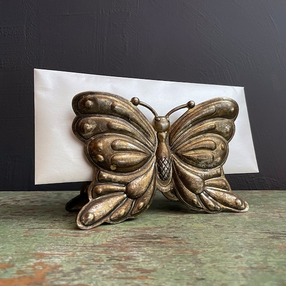 Vintage Butterfly Letter Holder Silver Plated Brass with Heavy Patina Two Sided Butterfly Napkin Holder Desk Organizer Stand Envelopes Paper
