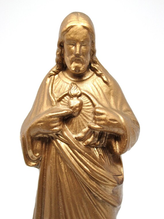 Vintage Chalkware Jesus Gold Religious Idol Scared Heart Catholic Statuary Christ Icon Figurine