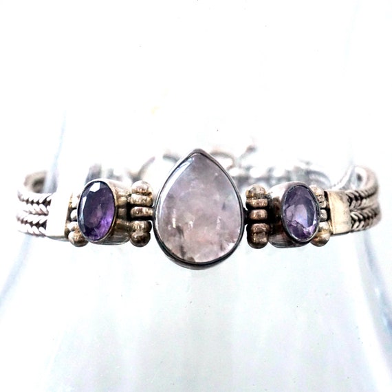 Vintage Bracelet Rose Quartz Cabochon Teardrop Shape Flanked by Amethyst Flat Braided Bracelet Pink Purple Stone 925 Sterling Toggle Clasp