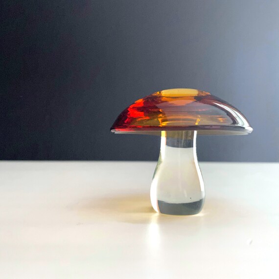 Vintage Mushroom Pilgrim Glass Rare Two Toned Toadstool Orange Amber Cap Clear Stem Shroom Art Glass 1960s Fungi Paperweight Smallest 2.5"