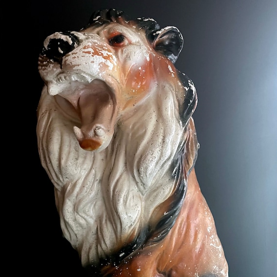 Vintage Lion Large Chalkware Bank Hollow Chalk Ware Big Cat Plaster Rare 2 Tall Carnival Prize Roaring Lion Statue Chippy Distressed FLAWS