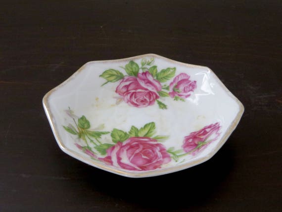 Vintage Small Dish Rose Pattern Gold Rim Trinket DIsh 1960s Nosco Japan