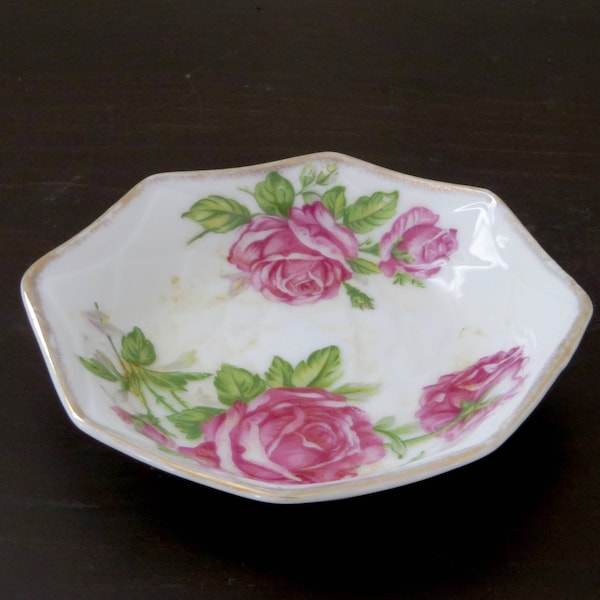 Vintage Small Dish Rose Pattern Gold Rim Trinket DIsh 1960s Nosco Japan