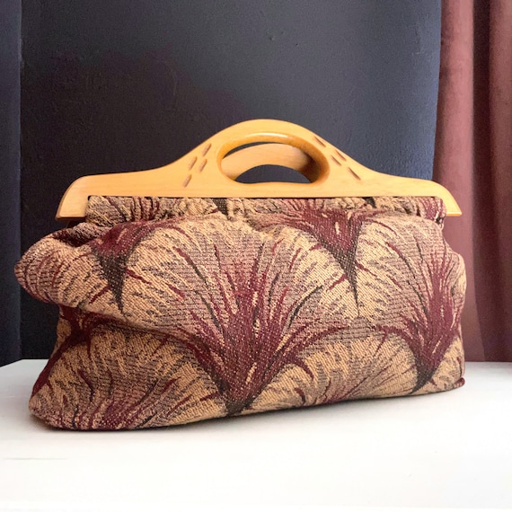 Vintage Purse Wood Handled Brocade Knitting Bag Crochet Supplies Deco Fabric Mauve Plum Fan Pattern Fabric Tote As Is Condition NEEDS REPAIR