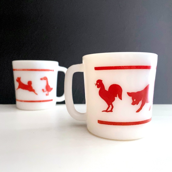 Vintage Mugs Red White Hazel Atlas Child's Cup Red Farm Animals on White Milk Glass Handled Cup 1950s Kitsch Kitchen Mug Pair Glass