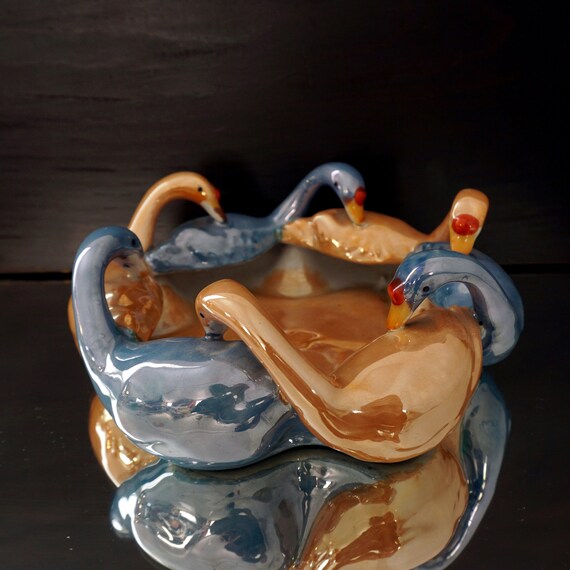 Vintage Lusterware Bowl Goose Rim Peach Blue Luster Glaze 1930s Tashiro Shoten Porcelain Nagoya Japan Interlocking Geese Dish Elephant Mark