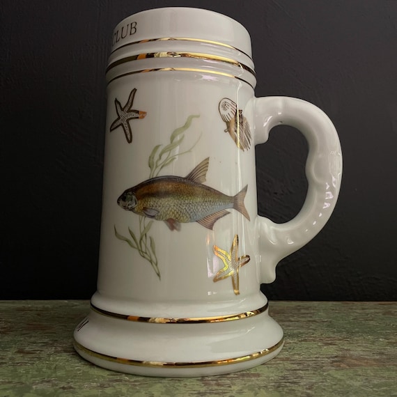 Vintage Stein Fish Motif Rod & Gun Club ULM Nautical Nautical Beer Stein Large Mug Gold Gilt Starfish Squid