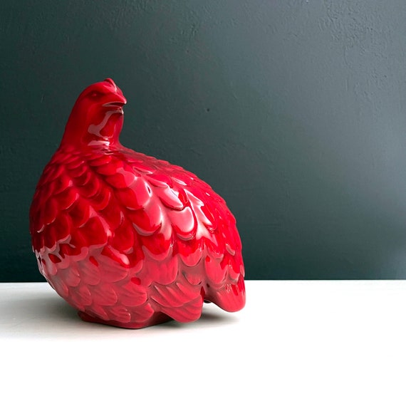 Vintage Partridge Figurine Red Ceramic Bird Bright Red Rare Glaze Quail Mod 70s Bird Decor Holiday Partridge in Pear Tree Red Monochromatic