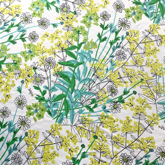 Vintage Vera Tablecloth 70” Round Green Floral Vera Neumann Ladybug Mark Table Linens Wildflowers Chartreuse Aqua Sage Daisy Table Cloth 6'