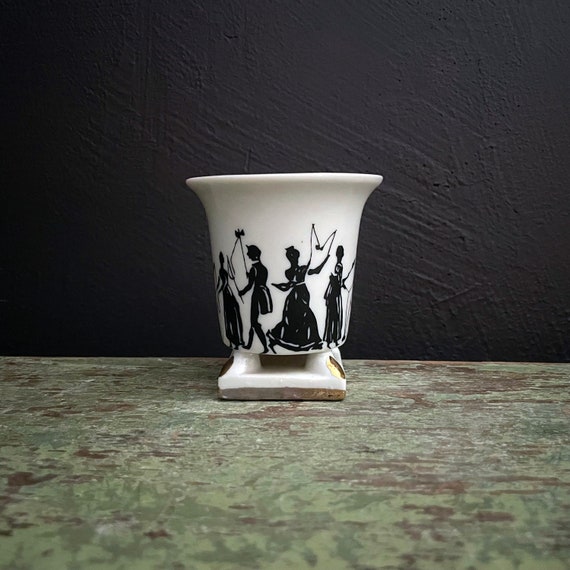 Antique Tiny Urn Edwardian Diabolo Scene Black Silhouettes on White Ceramic Erphila Art Pottery Style Czecho Slovakia Pedestal Egg Cup 1910s