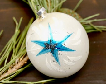 Vintage Ornament White Matte Glass Ball Blue Atomic Star Austrian Christmas Ball Hand Painted 1950s Rare Hand Blown Ball  Made in Austria