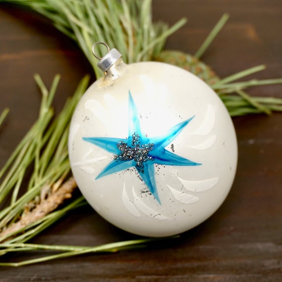 Vintage Ornament White Matte Glass Ball Blue Atomic Star Austrian Christmas Ball Hand Painted 1950s Rare Hand Blown Ball  Made in Austria