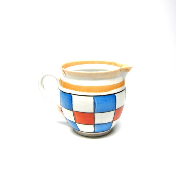 Vintage Creamer Lusterware Czechoslovakia Small Pitcher Checkerboard Blue Orange Lustreware Czech Made 1940s