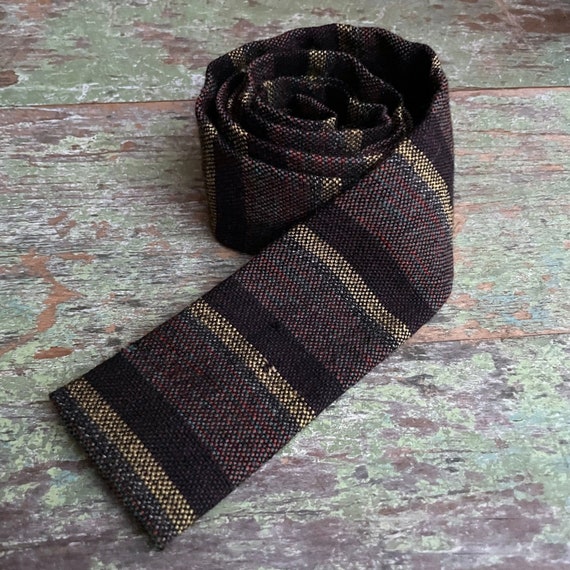 Vintage Skinny Tie Wool Necktie Brown Striped Square Base Tie Handmade The Blacks Cape Tweed West Barnstable Cape Cod Mass New England Made