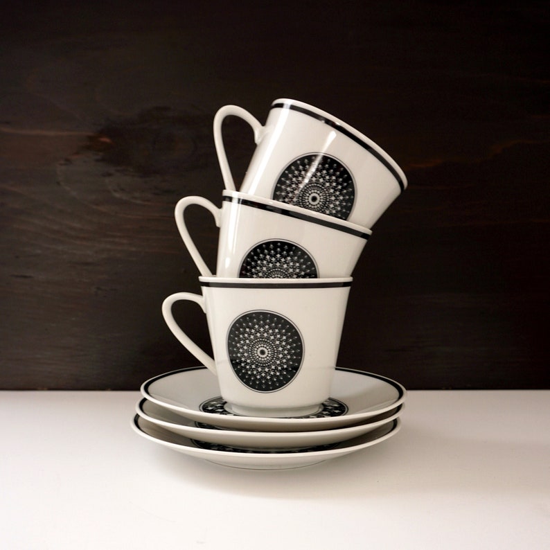 Vintage White Black Tea Cups and Saucers Medallion Pattern Etsy