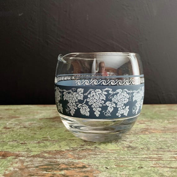 Vintage Glass Creamer Hazel Atlas Grapevine Wedgewood Inspired 1950s Glassware Matte Blue White Grapes Tumbler with Spout Open Cream Pitcher