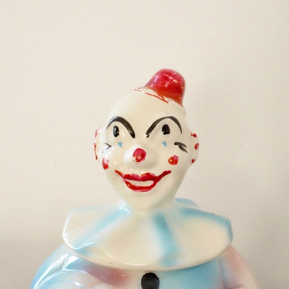 Vintage Clown Cookie Jar 50s Circus Clown Red Hat Pink Blue American Bisque Ceramics ABC Pottery Kitsch Mid Century Kitchen Creepy Clown Jar