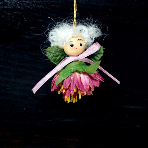 Vintage Fairy Ornament Flower Fairy White Hair Handmade Wood Face Silk Flower Body Purple Skirt Leaf Wings Lavender Ribbon Woodland Holiday