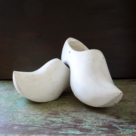 Vintage Wooden Shoes White Wood Clog Pair Carved Dutch Shoes Painted White Rustic European Farmhouse Décor Old World Netherlands Holland