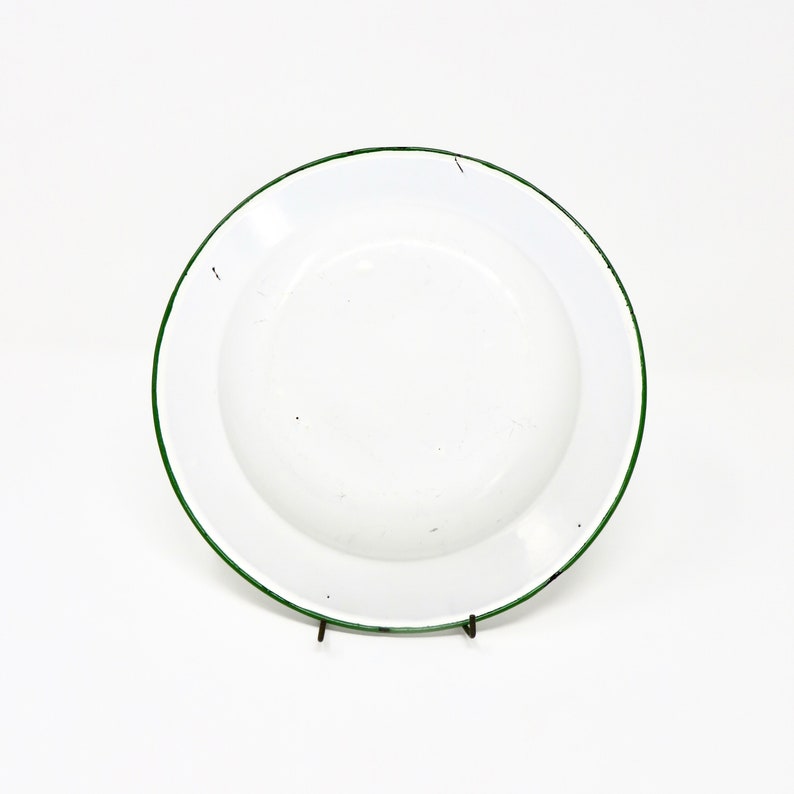 Vintage White Enamelware Plate Green Rim Enamel Camping Tin Dish Pie Plate
