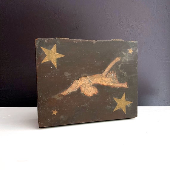 Antique Cigar Box Wood Decoupage '20s Hand Decorated Magazine Clippings Flapper Stars Hinged Lid Stash Box OOAK George Washington Red Roses