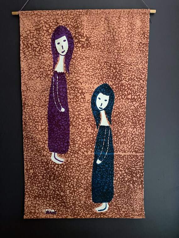 Vintage Wall Hanging 60s Danish Fabric Screen Print 2 Women Batik Earth Tones Purple Indigo Girls on Brown Background Hand Printed Denmark