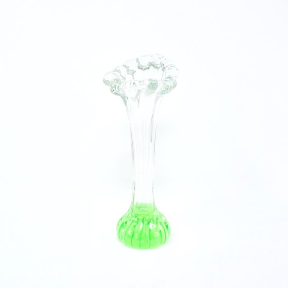 Vintage Green Vase Åseda Glasbruk Glass Dog Bone Vase Green Bubble Base Clear Neck Flared Rim 1970s Swedish Art Glass Collectible 10" Vase