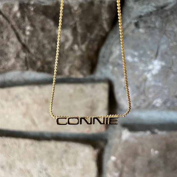 Vintage Nameplate Connie Necklace Gold Toned Modern Lettering 1980s Name Plate Pendant Necklace Girl's Name Connie