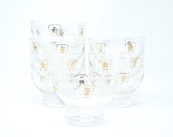 Vintage Aperitif Glasses Gold Leaf White Leaves in Squares 1960s Georges Briard Punch Glass Set of 8 Small Solid Bottom Barware Mid Century