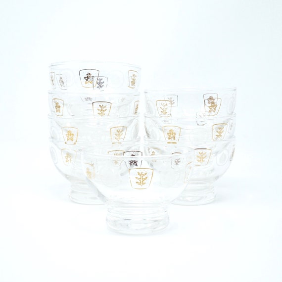 Vintage Aperitif Glasses Gold Leaf White Leaves in Squares 1960s Georges Briard Punch Glass Set of 8 Small Solid Bottom Barware Mid Century