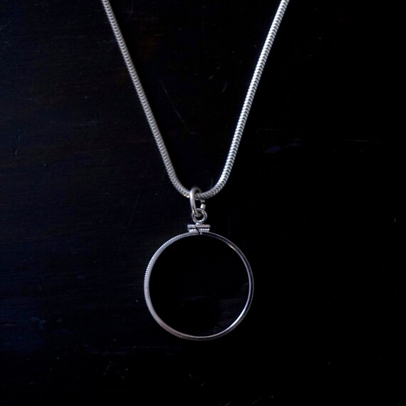 Vintage Silver Necklace Hoop Pendant on a Snake Chain Open Circle Frame Silver Metal Hung on Smooth Silver Chain As Is or Repurpose