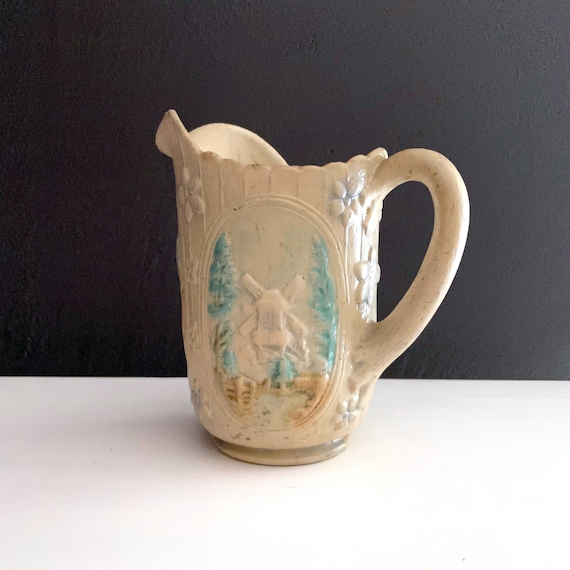 Vintage Pitcher Windmill Design Ceramic Creamer Large Hand Painted Rustic Look Pottery OOAK Made From Mold of Imperial Glass Pitcher Vase