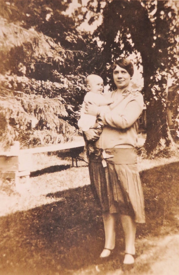 Vintage Photograph 1920s Mother and Baby Backyard Photo