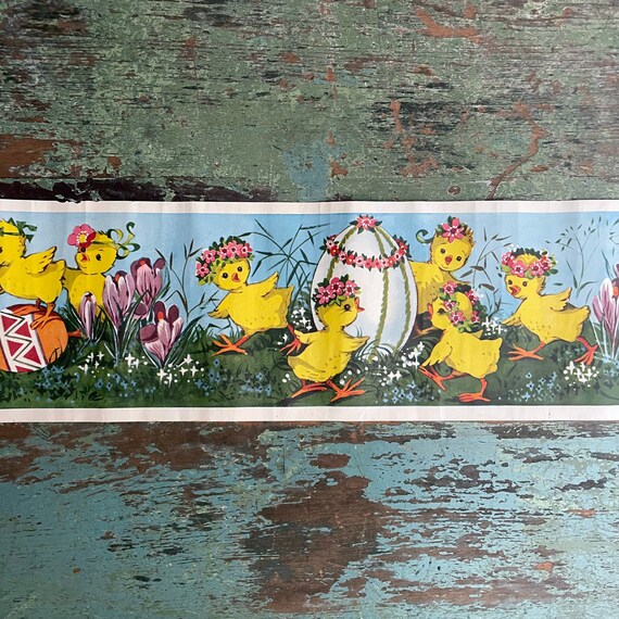 Vintage Easter Print Baby Chicks Swedish Art with Easter Eggs Oblong Banner Printed in Sweden Springtime Crocus Flowers Has Flaws